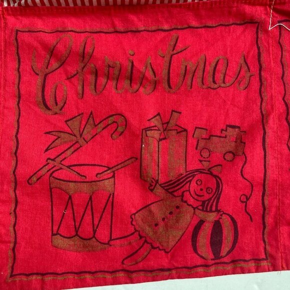 Vintage Christmas Half Apron Red White Strip Snowman Santa Toys Tree Mid Century - Picture 5 of 12